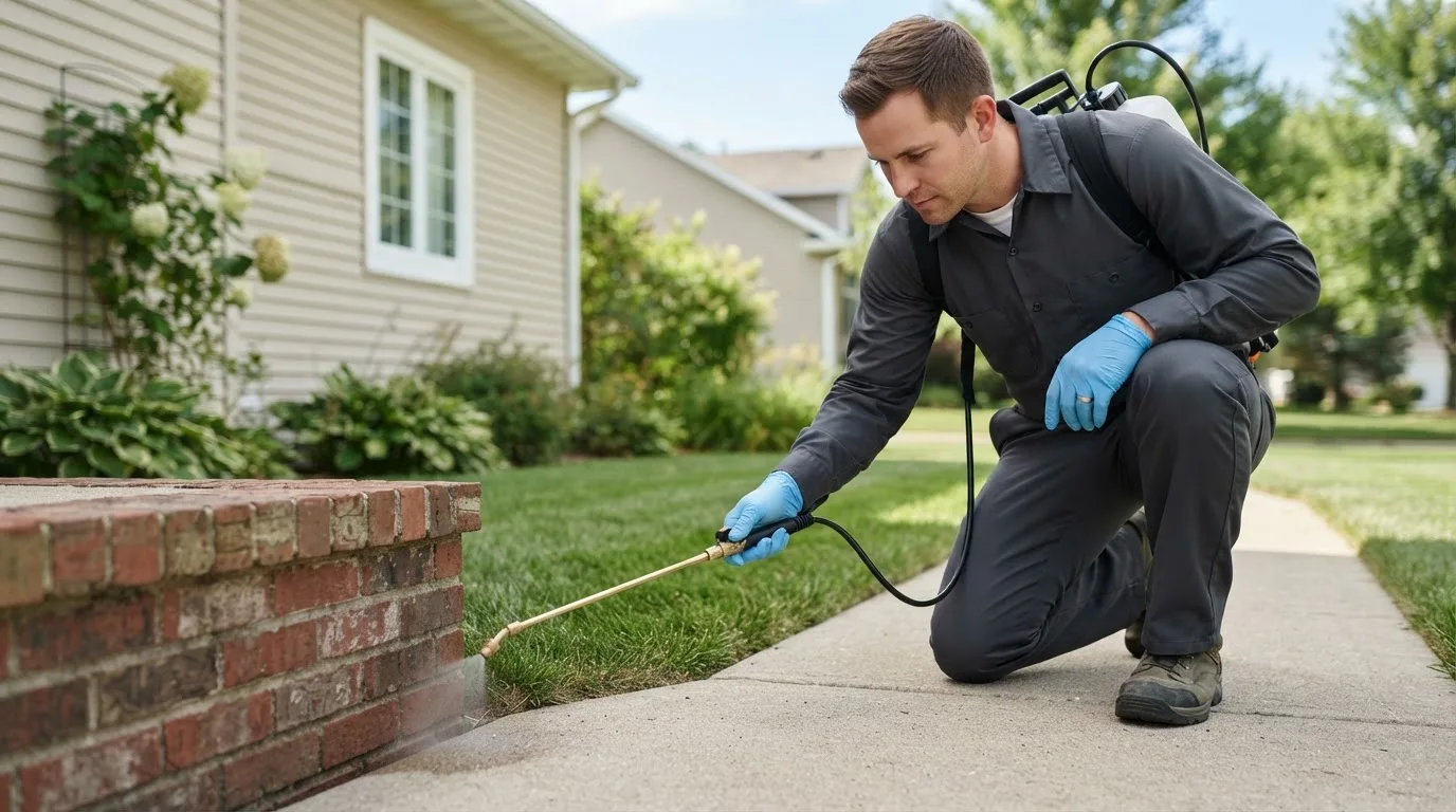Pest control technician treating a home near Mitchellville, IA