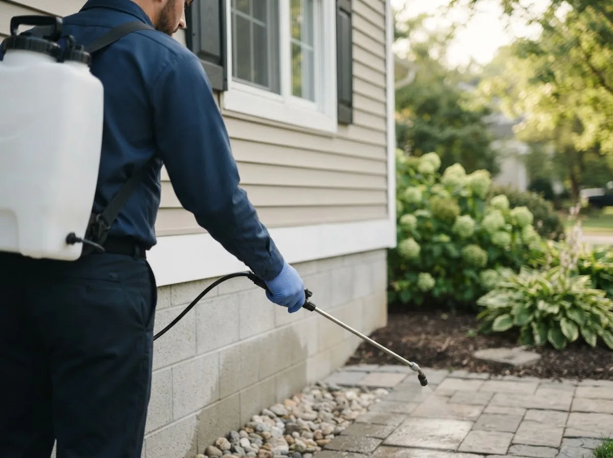Pest control technician inspecting a home in Mitchellville, IA